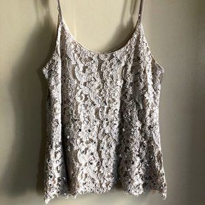 BKE Boutique Beige Jeweled Lacey Tank